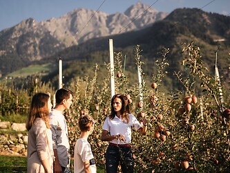 Donna che conduce una visita tra i meleti in montagna