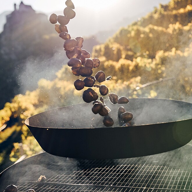 Man roasting chestnuts in the midst of autumn nature
