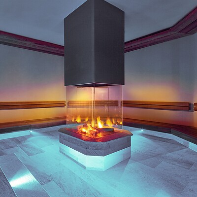 Fireplace in indoor thermal pool