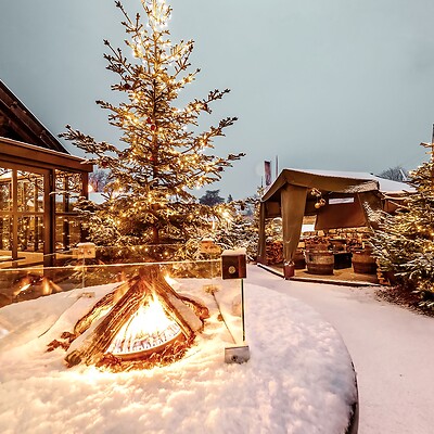 Beleuchtete Weihnachtsbäume auf Weihnachtsmarkt mit Holzständen