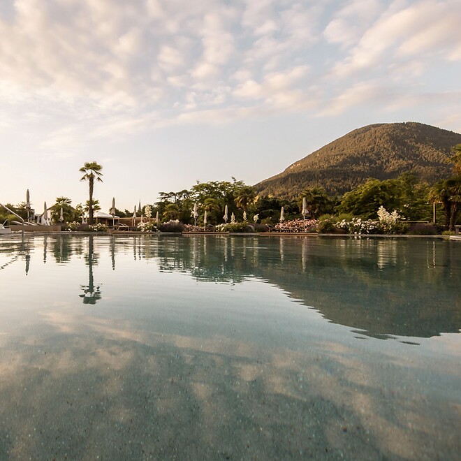 Natural pool in garden among palms and mountains