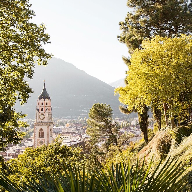 Panoramic trail over spa town Merano in summer
