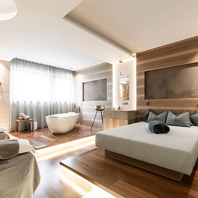 Private spa with massage beds, bathtub, and lounge chairs for relaxing