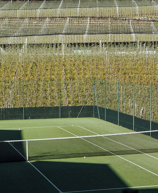 Tennisplatz zwischen Apfelwiesen im Halbschatten