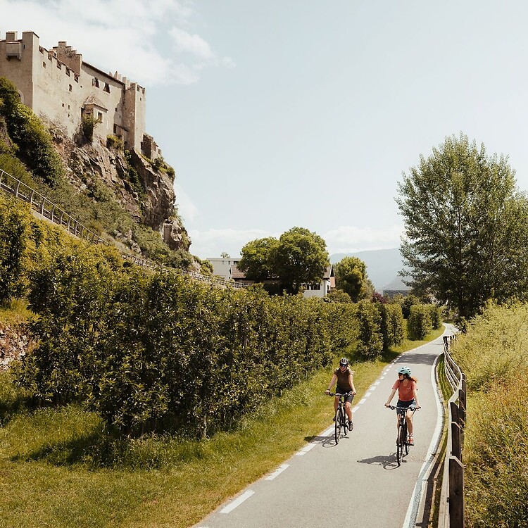 Der asphaltierte Etschradweg führt an blühenden Obstgärten vorbei, im Hintergrund thront das Schloss Kastelbell auf einem Felsen unter strahlendem Himmel.